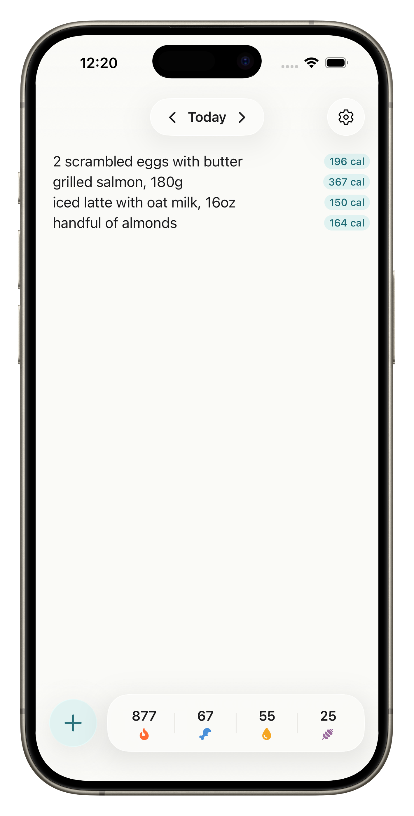 The NoteCal home screen showing a list of food entries with calorie pills.