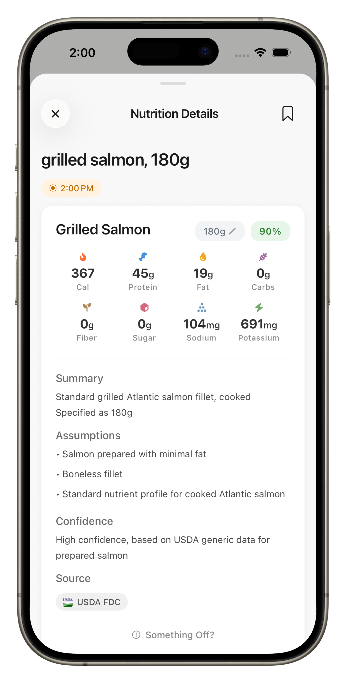A nutrition details panel showing a macro breakdown for grilled salmon.