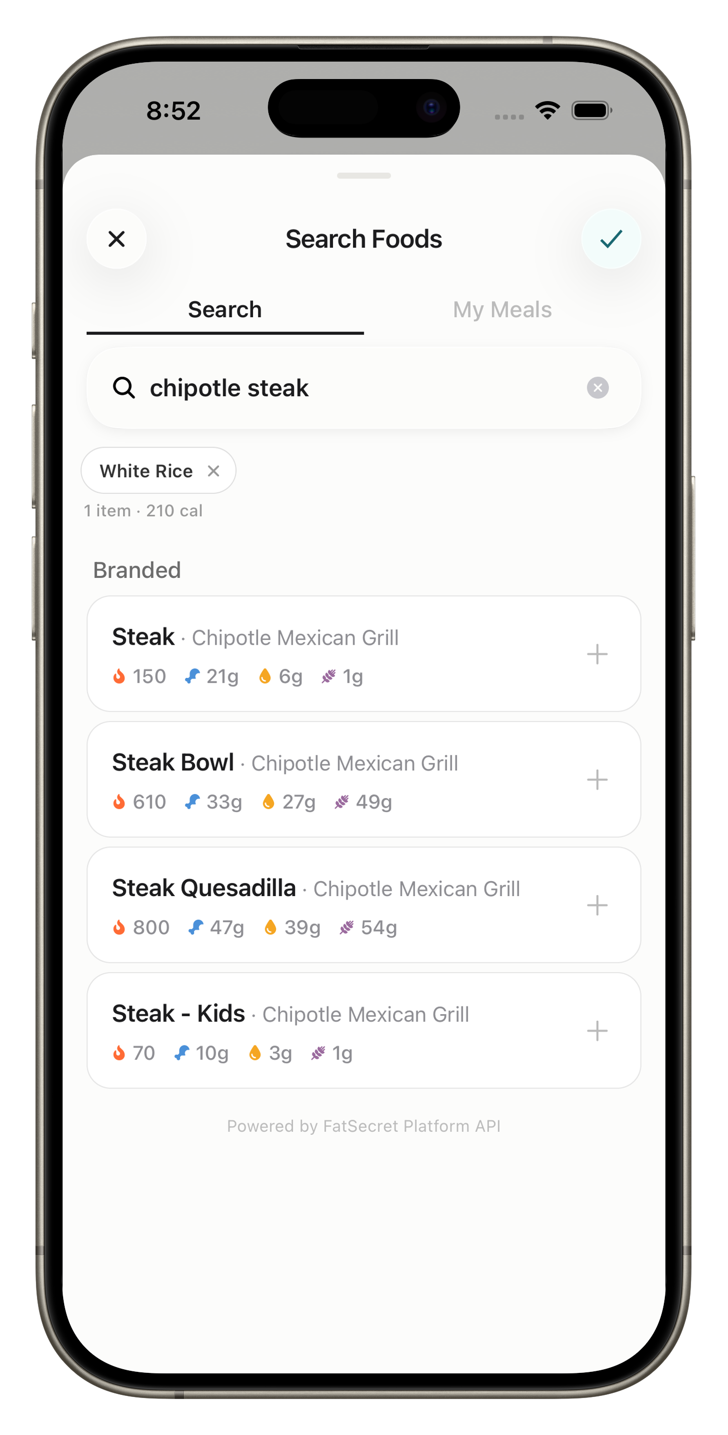 A food search modal showing branded results from Chipotle Mexican Grill.