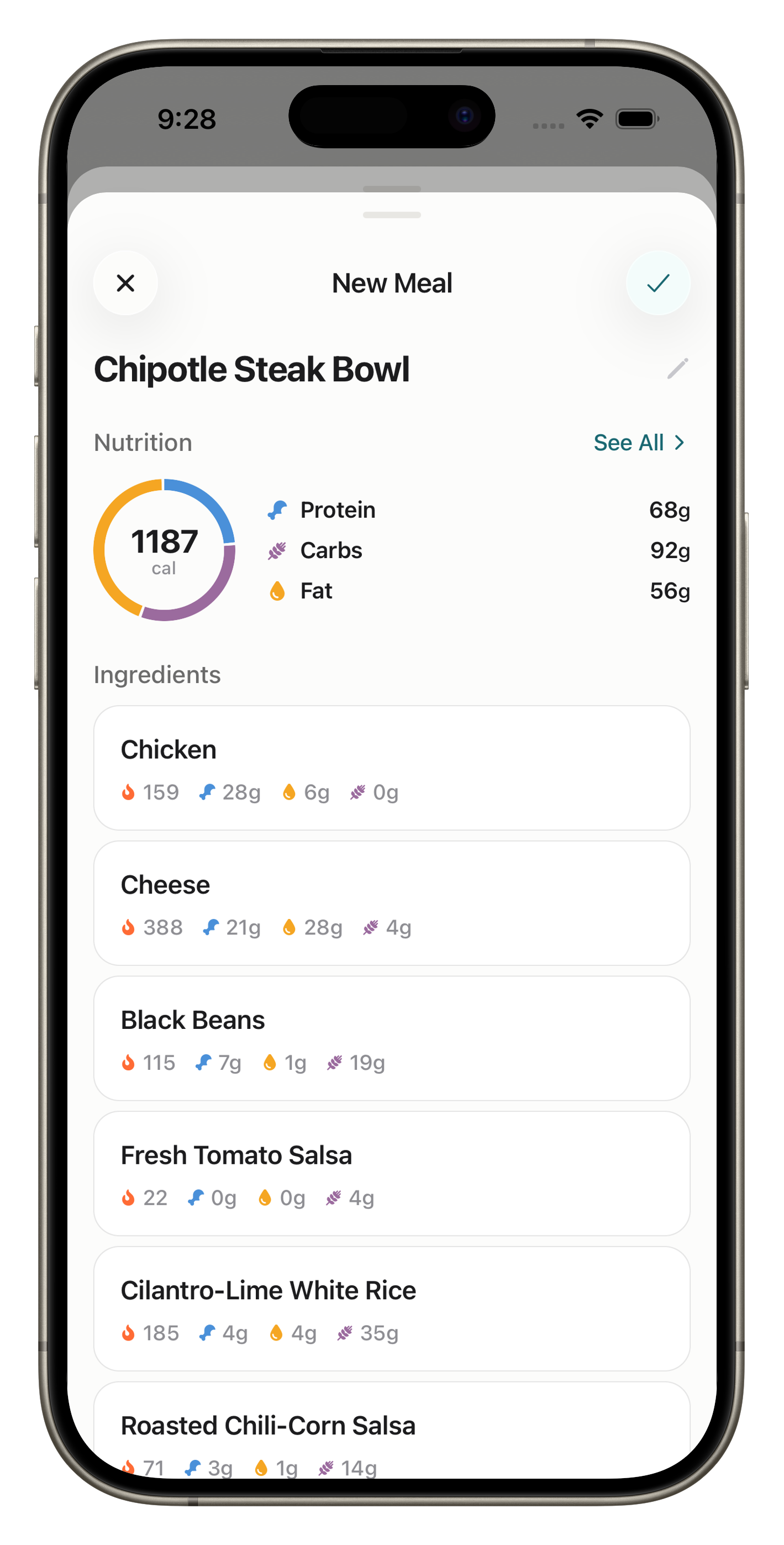 A custom Chipotle Steak Bowl meal with a calorie donut and an ingredient list.