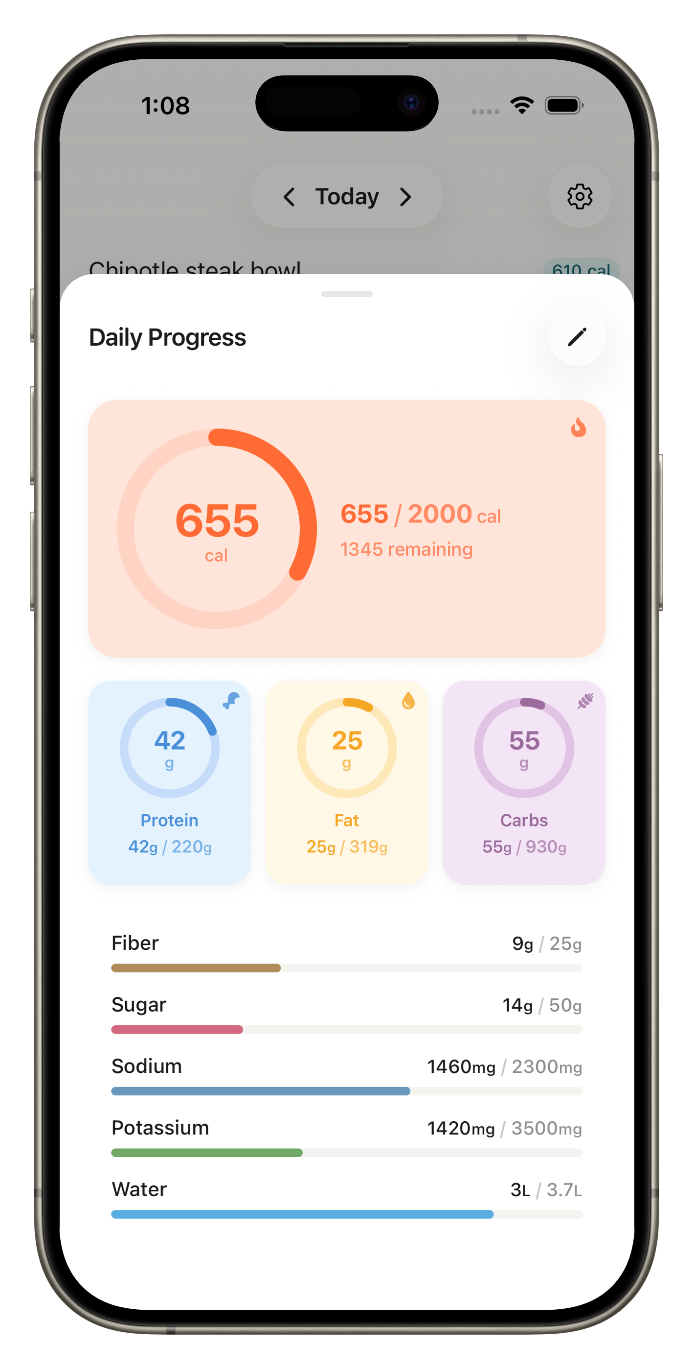Daily progress screen with calorie ring, macro rings, and micronutrient bars.